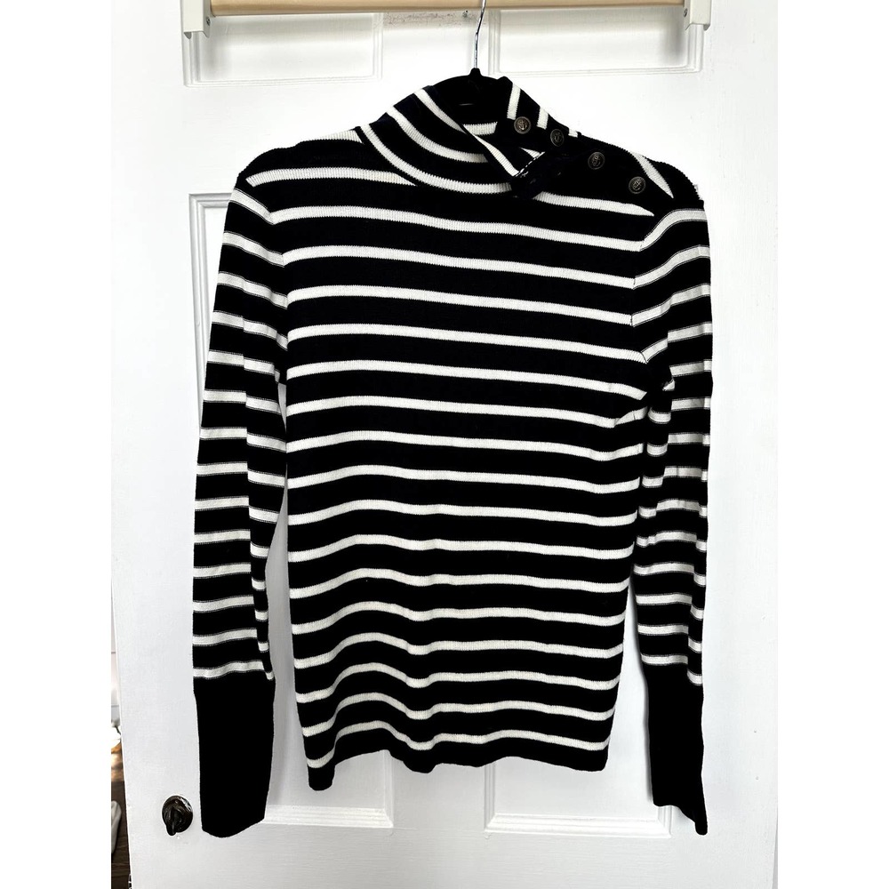 J. Crew Navy and White striped mock neck sweater with buttons on neck. Womens XS